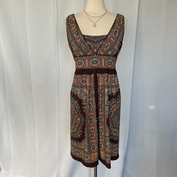 Sleeveless Dress Size 6 Brown Tan Brocade Paisley Stretch Empire Waist Boho Y2K - Picture 2 of 16